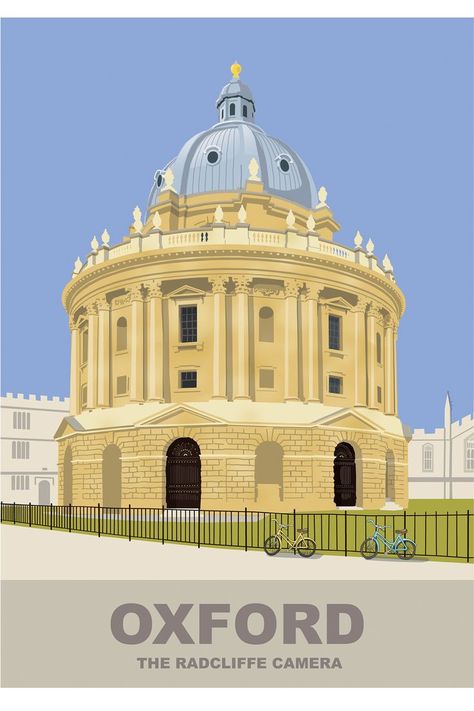 Illustrated poster of Oxford, England showing one of the famous buildings in the city - the Radcliffe Camera - a library built in the 1700s. #oxford #travelposter #radcliffecamera #england Oxford Illustration, Oxford Poster, England Illustration, Radcliffe Camera, Holiday Posters, Dream University, Uk Map, Oxford Travel, Smart Packing