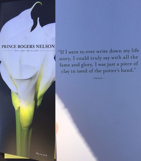 Prince, words in his memorial service program Remembering Brother, Jw Songs, Memorial Service Program, The Potter's Hand, Prince Music, Prince Images, Prince Tribute, The Artist Prince, Rip Prince