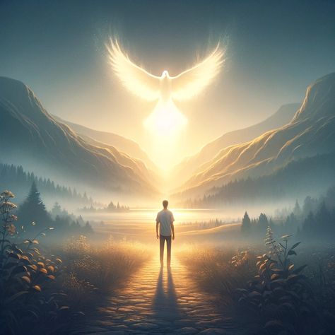 An image symbolizing the essence of 2 Timothy 1:7, focusing on overcoming fear with the Holy Spirit's power. The scene depicts a serene landscape, possibly at dawn, with a faint representation of the Holy Spirit in the form of a dove hovering above. In the foreground, a person stands facing a path that leads towards a light, symbolizing guidance and courage. The light is warm and inviting,... Christian Images Faith, Holy Spirit Aesthetic, Courage Pictures, 7 Spirits Of God, Love In Bible, Holy Spirit Images, Power Images, Images Of God, Soul Images