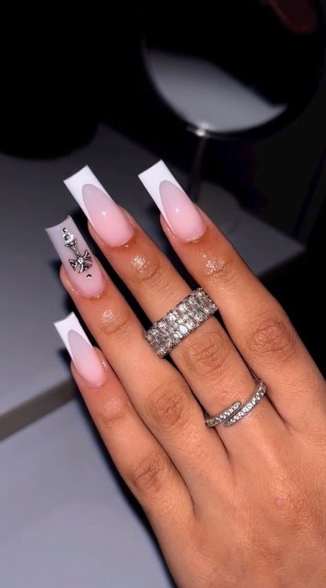 Long Acrylic Nails With Cross Design, Short Acrylic Nails With Cross, Medium Length Nails Acrylic Square French Tip, Medium Size Nails Acrylic, Cross Nails Acrylic, Pink Evil Eye Nails, French Tip With Charms, Nails Acrylic Medium, Acrylic Nails With Charms