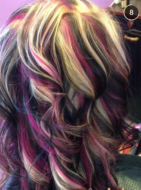 Fun Peekaboo Hair Color Ideas For Brunettes, Red Highlights In Dirty Blonde Hair, Multi Colored Hair Highlights, Three Color Hair, Multi Colored Highlights, Hair Color Shoulder Length, Pink Money Piece Hair, Pink Chunky Highlights, Neapolitan Hair