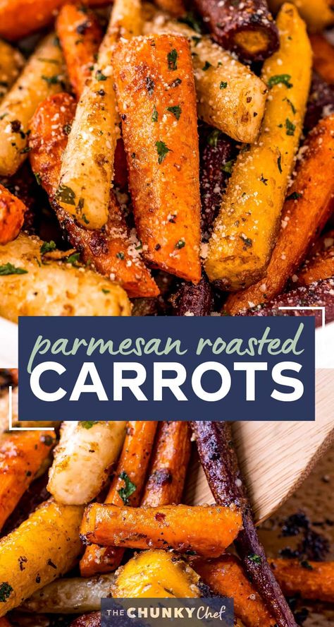 This classic Roasted Carrots recipe combines crisp fresh carrots, seasonings, garlic and Parmesan cheese, and bakes them until tender with lightly caramelized edges!  Savory with a natural sweetness from the carrots, it's the perfect side dish for the holidays or family dinner! #carrots #sidedish #vegetables #roasted #Parmesan #holiday #thanksgiving #easyrecipe #roastedveggies Roasted Carrots Salad, Seasoned Carrots Side Dishes, Roasted Carrots With Parmesan Cheese, Holiday Vegetables Recipes, Vegetable Dish For Thanksgiving, Roasted Carrots Savory, Carrot Seasoning, Fresh Carrot Recipes, Thanksgiving Carrot Recipes