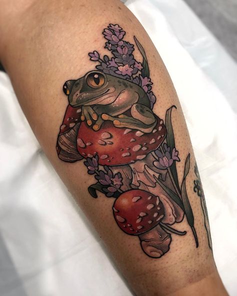 𝐩𝐮𝐫𝐩𝐬🧚🏻‍♀️ | Thanks for the trust with this super duper fun one, Emily! . . . . . . . . . #tattoo #traditionaltattoo #tradtattoos #tradtattooflash… | Instagram Frog And Mushroom Tattoo, Traditional Tattoo Wrist, Cottage Core Tattoos, Emily Tattoo, Mushroom Tattoo, Traditional Sleeve, Mushroom Tattoos, Frog Tattoos, Super Duper