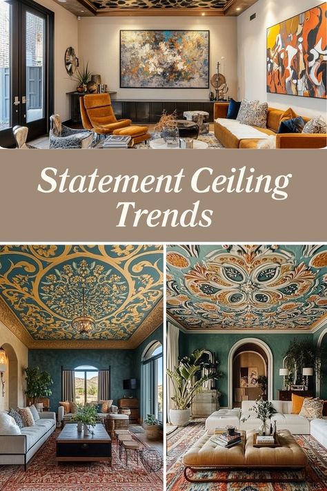 Make a bold statement with unique ceiling designs and patterns. #StatementCeilings #BoldDecor #HomeTrends Statement Ceiling Ideas, 2024 Ceiling Trends, Wallpaper Ceiling Tiles, Wallpaper On Ceiling Living Room, Ceiling Wallpaper Ideas Living Room, Unique Ceilings, Wallpaper Ceiling Ideas, Accent Ceiling Ideas, Ceiling Wallpaper Ideas