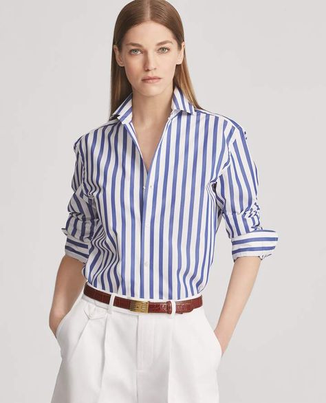 Ralph Lauren Striped Cotton Shirt#officestyle#stripedshirt#officelook#fashion#style#shopstylecollective#allthewaytooffice White Striped Shirt Outfit, Striped Shirt Outfit, Outfits With Striped Shirts, Blue And White Shirt, Night Club Outfits, Office Wear Women, Blue Striped Shirt, Summer Styles, Looks Chic