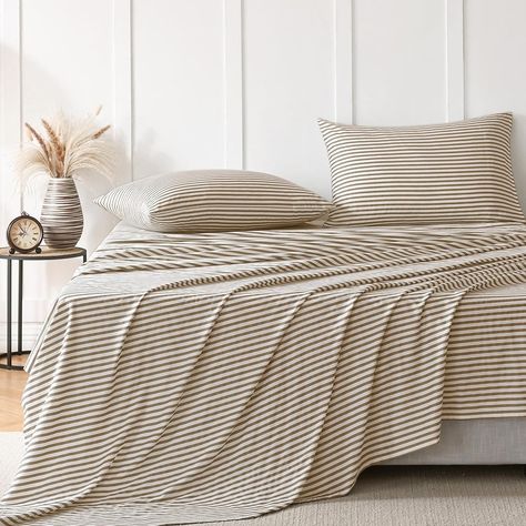 Amazon.com: JELLYMONI Striped Sheets Set Queen Size, 4 Pieces 100% Cotton Bed Sheets - 16" Deep Pockets Fitted Flat Sheet & Pillowcase Bedding Set, Ultra-Soft, Machine Washable : Home & Kitchen Cute Bedding Amazon, Cotton Bed Sheets, King Size Sheets, Striped Bedding, Deep Pocket Sheets, Cotton Bedsheets, Bedroom Décor, Striped Sheets, Twin Sheets