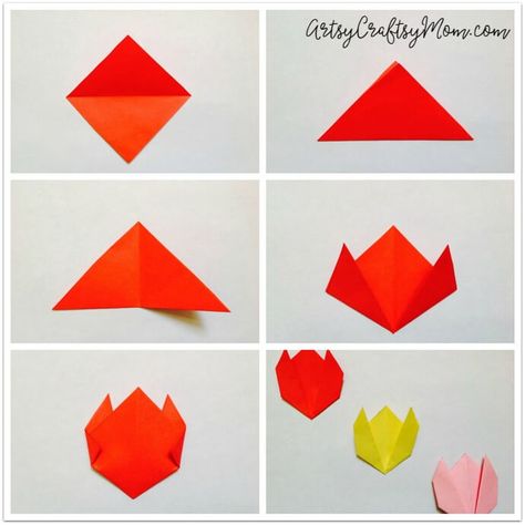 Easy Origami Tulip Craft for Kids - a perfect origami spring craft or even lovelier incorporated into a Mother's Day Card. Tulip Craft, Origami Instructions For Kids, Tulip Origami, Diy Origami Home Decor, Origami Tulip, Origami Home Decor, Easy Origami Flower, Easy Origami For Kids, Tutorial Origami