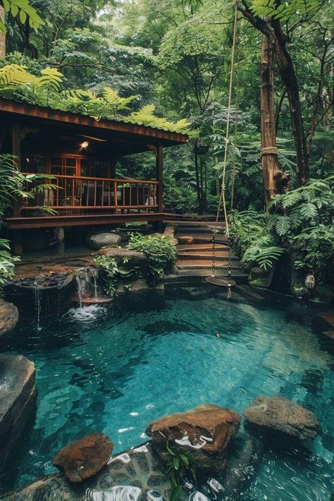 Hobbie Farm, Tropical Treehouse, Inspiring Architecture, Water House, Dream Life House, Dream Pools, Fantasy House, Small Pool, Natural Pool