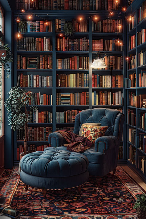 home library inspo, home library ideas, moody library Beautiful Libraries Cozy, Cool Nook Ideas, Home Design Library, Small Dark Library Room, Moody Home Study, Library Decorating Ideas Home, Moody Book Nook, Shabby Chic Library Room, Dark Wood Built In Bookshelves