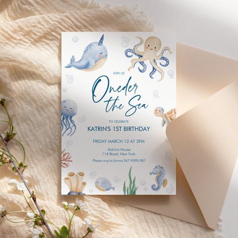 Oneder The Sea, Sea Invitation, Ocean Theme Birthday, Under The Sea Birthday Party, Under The Sea Birthday, 1st Birthday Party Invitations, Sea Birthday Party, Sea Birthday, Under The Sea Party