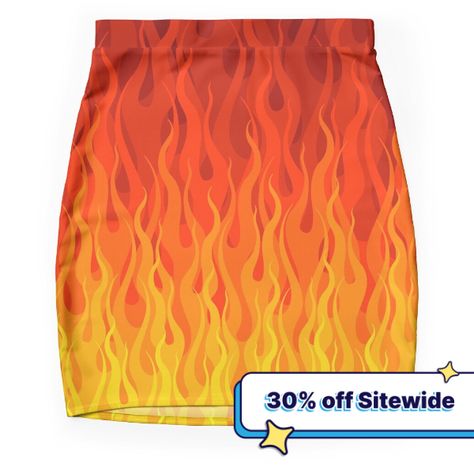 Super stretchy and durable polyester mini skirt. Vibrant, high-quality sublimation print across the front and back. Size range XXS-2XL. Cool fire flames pattern with a red, orange and yellow color palette. This vibrant design has a rock style and a confident vibe. This grunge design is inspired by cars and races and it looks awesome on anyone. Fire is a collection of particles or incandescent molecules of combustible matter, capable of emitting heat and visible light. The reddish-orange colour o Fire Themed Outfits, Orange And Yellow Color Palette, Flame Costume, Fire Fashion, Fire Outfits, Fire Clothes, Grunge Design, Cool Fire, Fire Flames