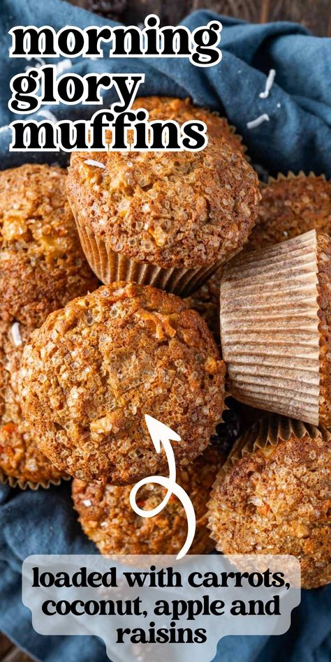 This morning glory muffin recipe makes the perfect muffins in 35 minutes! An old fashioned recipe loaded flavors of carrot, raisin, walnut and apple. Raisin Cake Recipe, Morning Glory Muffin, Carrot Raisin Muffins, Oatmeal Raisin Muffins, Morning Glory Muffins Healthy, Apple Carrot Muffins, Morning Glory Muffins Recipe, Carrot Muffin Recipe, Banana Carrot Muffins