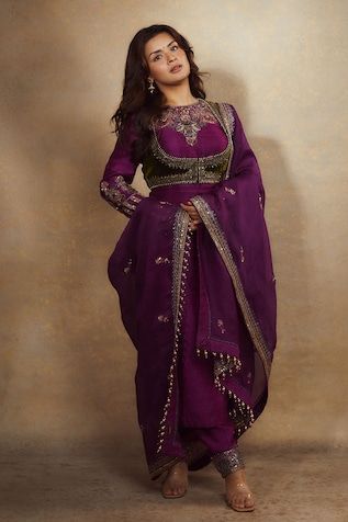 Purple kurta with thread, sequin, bead, cutdana embroidery in floral pattern on neckline. Paired with salwar, dupatta and olive velvet border embroidered bolero. - Aza Fashions Purple Indian Outfit, Raw Silk Embroidery, Suits For Women Indian, Purple Suit, Classy Suits, Purple Suits, Indian Bridal Outfits, Ethnic Outfits, Boutique Dress Designs