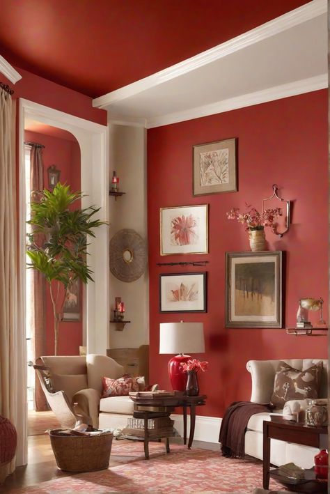 living room paint colors, wall paint ideas, interior wall paint, paint color schemes Red Wall In Living Room, Red Walls Living Room, Red Paint Living Room, Red Wall Living Room, Red Wall Painting Ideas, Red Wall Living Room Ideas, Wall Color For Red Couch, Red Wall, Red Painting Living Room