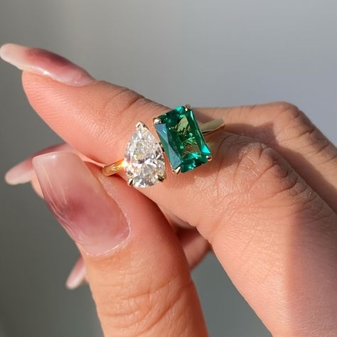 Faster shipping. Better service Double Stone Ring, Radiant Cut Rings, Emerald Wedding Rings, Unique Anniversary Gifts, Green Ring, Pear Ring, Stone Wedding, Fancy Rings, Promise Ring Gift