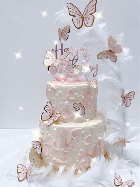 Butterfly Cake Ideas Quinceanera, Pink And White Butterfly Cake, 2 Layer Cake Birthday Design 18th, Light Pink Butterfly Cake, 2 Layer Butterfly Cake, Dreamy Birthday Theme, Cake For Debut, 3 Tier Butterfly Cake, Butterfly Quince Cake