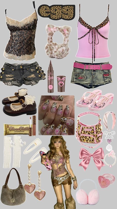 Gyaru Leopard, Mcbling Style, 2000s Things, Mcbling Gyaru, Reference Clothing, Leopard Print Outfit, Pink Baddie, Y2k Music, Mcbling Fashion