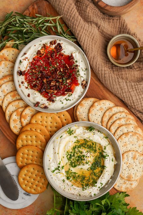 Whipped Goat Cheese Dip - Whip Goat Cheese and Add Toppings Pimento Cheese Wrap, Whipped Cheese Recipes, How To Serve Goat Cheese, Whipped Chevre, Goat Cheese Dips, Whipped Goat Cheese Dip, Goat Cheese Recipes Appetizers, Pesto Appetizers, Sandwich Spread Recipes