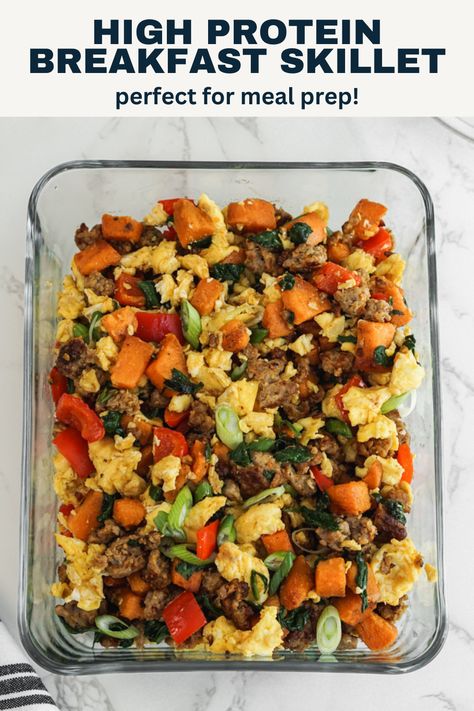 This high protein easy breakfast skillet is a one pan meal that is great for meal prep. This healthy breakfast sweet potato scramble includes eggs, sausage, sweet potatoes, spinach and red bell pepper. It is a balanced breakfast than comes together in 30 mins or less. Meal Prep Eggs Scrambled, Breakfast Skillet Meal Prep, Meal Prep Breakfast Potatoes, Scrambled Eggs Meal Prep, Healthy Meals Sweet Potato, Sweet Potato Prep, Peppers And Eggs Breakfast, Meal Prep Breakfast Scramble, Breakfast Meal Prep With Eggs