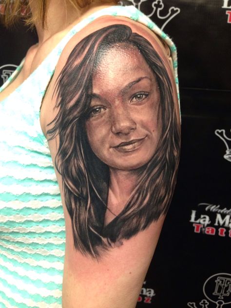 Black and grey memorial portrait by Rico Sandoval at La Mancha Tattoo 6184 University Ave  San Diego Ca 92115 Visit us at www.LMT619.com or call 619-265-7426 for your next tattoo Tattoo Studio, Portrait Tattoo, San Diego, Black And Grey, Tattoos, Black