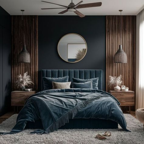 #BedroomModernLook #ModernBedroomLooks #CoolBedroomLooks #ClassyBedroomLook #ChicBedroomLook #StylishBedroomWallDecorIdeas #SimpleStylishBedroomIdeas #WhatIsMyBedroomStyle #BedroomLookIdeas #BedroomLooksLikeHotel #BedroomStylishLookAmazon #BedroomStylishLookAesthetic #BedroomStylishLookApp #BedroomStylishLookAffordable #BedroomStylishLookAlike #BedroomStylishLookAtMe #BedroomStylishLookAestheticBig #BedroomStylishLookAestheticList Navy And Dark Wood Bedroom, Bedroom Inspirations Contemporary, Bedroom Wood Wallpaper, Wood Headboard With Side Tables, Dark Grey Moody Bedroom, Bedroom With 1 Window, Black Wood Panel Wall Bedroom, Wooden Panels Walls Bedroom, Black Bed Wall Color