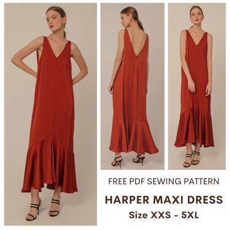 Low Waisted Dress Pattern, Ruffles Sewing Pattern, Boho Dress Sewing Patterns Free, Chic Sewing Patterns, Long Dress Sewing Pattern Free, Tie Back Dress Pattern, Bias Dress Pattern, Boho Dress Pattern Sewing, Free Maxi Dress Pattern