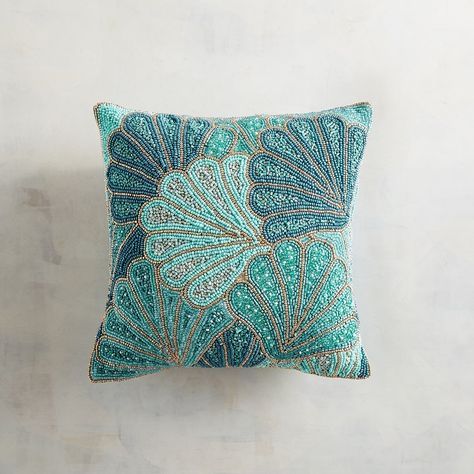 Leather Swatches, Deco Marine, Mermaid Stuff, Beaded Pillow, Cushion Embroidery, Pillow Embroidery, Blue Weave, Diy Bead Embroidery, Beachy Decor