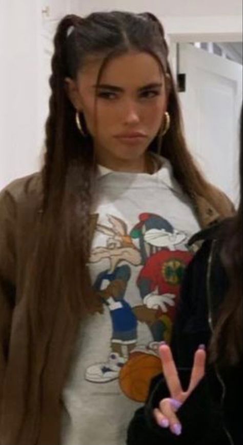 Cute Braided Pigtail Hairstyles, 90s Hairstyles Pigtails, Mean Girls Inspired Hairstyles, Madison Beer Pigtails, 2000 Hairstyles Long Hair, T2k Hairstyles, 90s Pigtails Hairstyles, Early 2000s Hairstyles Long, Ytk Hairstyle