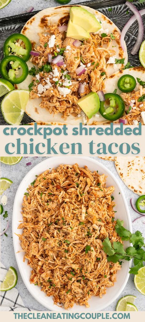 An easy, healthy recipe for Crockpot Shredded Chicken Tacos! Let your slow cooker do the work for dinner tonight and enjoy delicious shredded chicken tacos with salsa! Low Carb Shredded Chicken Tacos, Healthy Crockpot Pulled Chicken, Pico De Galo Chicken Recipes, Crockpot Chicken Recipes For Tacos, Crock Pot Chicken For Tacos, Pulled Chicken Tacos Crock Pot Recipes, Chicken Crockpot For Tacos, Shredded Chicken Tacos Instapot, Salsa Taco Chicken Crock Pot