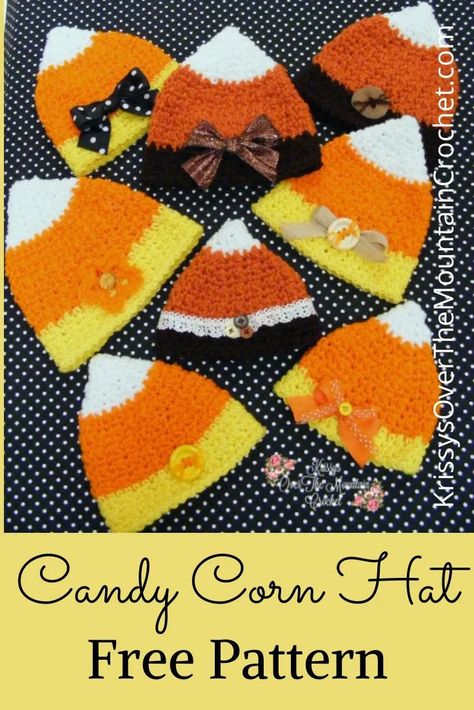 Super sweet free candy corn crochet hat pattern for you to enjoy! I hope this will help you make your little one's the sweetest little things in town. Embellish to your hearts content, then add a cute tee shirt to match and your little will rock those visit's to the pumpkin patch. Candy Corn Crochet, Corn Crochet, Candy Corn Hat, Mountain Crochet, Crochet Pour Halloween, Crochet Shoes Pattern, Crochet Hat Patterns, Fall Crochet, Bonnet Crochet