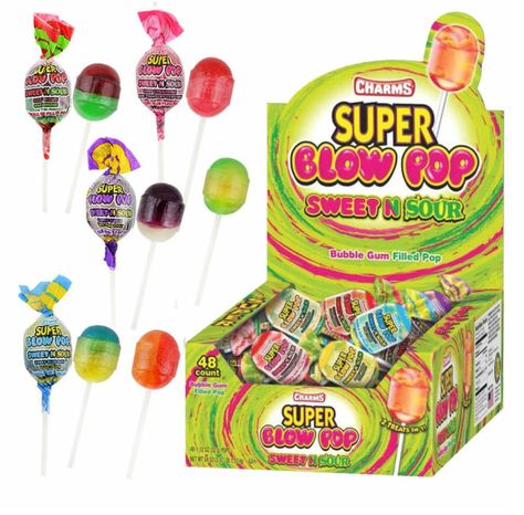 HARMS Super Blow Pop, Sweet N Sour, Bubble Gum Filled Lollipops (Box of 48 Count) FAST FREE SHIPPING Each Box Features a variety of Flavors: - Sweet Peach & Sour Watermelon, - Sweet Strawberry & Sour Strawberry Lemonade, -Sweet Blue Razz & Sour Lemon, -Sweet Banana & Sour Apple, - Sweet Grape & Sour Pineapple -Sweet Cherry & Sour Limeade. About This Listing: -Charms Super Blow Pops Sweet & Sour 48 Pack - Bubble Gum Filled Lollipops -Sweet and Sour Lollipops with Soft Gum Inside -Peanut Free, Gluten Free, and Made in the USA Now you can enjoy 3 treats in one with our dual flavored sweet and sour candy that has a bubble gum center. New Sweet 'N Sour Super Blow Pops will wow you with six delicious flavor combinations, including Sweet Peach + Sour Watermelon, Sweet Strawberry + Sour Strawberry Blow Pop, Super Bubbles, Hard Candy Lollipops, Blow Pops, Party Favors For Kids Birthday, Candy Companies, Sour Patch Kids, Sour Candy, Kids Party Themes