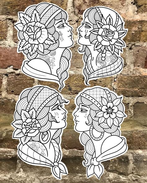 Sam King | 🤍 lady heads 🤍 Thanks for looking x | Instagram American Traditional Tattoo Flash Art, Old School Lady Tattoo, Traditional Womans Head Tattoo, American Traditional Woman Head, Trad Lady Head, Lady Face Tattoo, Traditional Tattoo Face, Romani Head Tattoo, Traditional Lady Tattoo