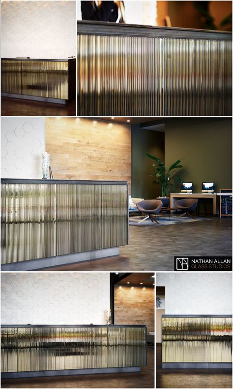 Ideally designed for Façade applications, our Channel Bronze Silvered 🔶 Glass is perfect for Wall applications behind front lobby registration desks, and on the front bar dies of the desk itself. .  Thickness 3/8” (10mm) Dimensions 68″ x 42″ (1727mm x 1067mm)   #glass#thickglass#desk #deskgoals #interiordesign#interiordesigners#interiordesignideas#interiordesigns#channel #interiors#architecture#architecturalproducts#office #officedesign #wall #tabledesign#facade Front Bar Design, Behind Bar Wall Ideas, Bar Front Design, Glass Reception Desk, Lawyer Office Design, Lobby Desk, Wall Applications, Wired Glass, Reeded Glass