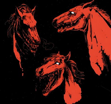 Horror Movie Monsters Concept Art, Red Mythical Creatures, Creepy Comic Art, Animal Horror Art, Scary Horse Art, Creepy Horse Art, Creepy Stuff To Draw, Neck Biting Reference, Demonic Creatures Art