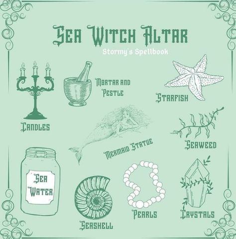 Water Witchcraft, Water Witch Aesthetic, Sea Witch Aesthetic, Sea Witchcraft, Sea Witch Altar Ideas, Sea Water Witchcraft, Sea Witch Rituals, Sea Witch Familiar, Sea Witch Grimoire