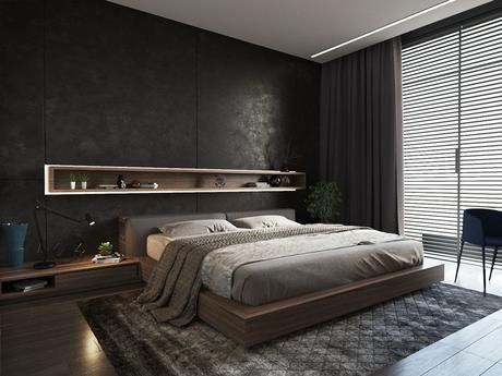 Mens Bedroom Ideas Grey Modern Man Bedroom, Bachelor Bedroom, Mens Bedroom Decor, Black Bedroom Design, Bedroom Design Trends, Small Apartment Bedrooms, Modern Style Bedroom, Decor Studio, Dekorasi Kamar Tidur