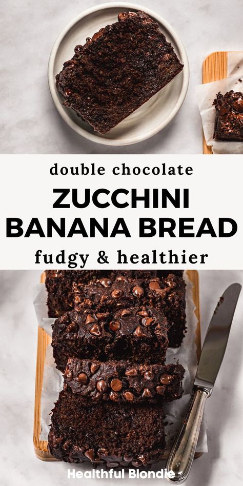 This super fudgy double chocolate zucchini bread recipe with banana is healthy, naturally sweetened with maple syrup, and made with both oat flour and whole wheat flour. It's an easy chocolate bread that's kid-friendly, nutritious, and tastes like a fudgy brownie! Zucchini And Banana Recipes, Chocolate Zucchini Bread Healthy, Sweet Zucchini Bread, Banana Zuchini Baking Recipes, Zucchini Banana Recipes, Oat Flour Zucchini Bread, Healthy Loaf Recipes, Zucchini Brownies Healthy, Chocolate Zucchini Banana Bread