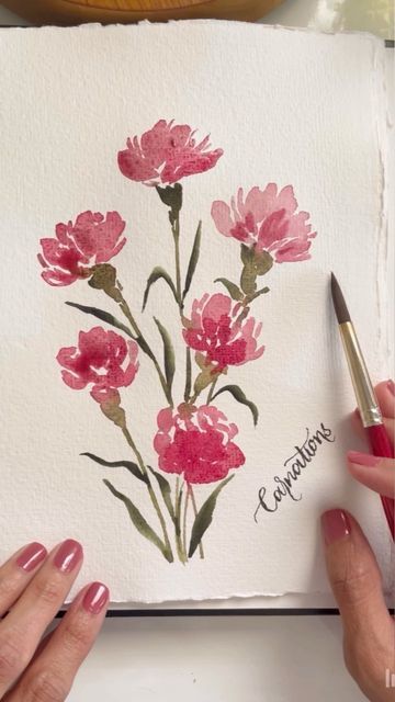 Carnations Watercolor Painting, Carnation Flower Watercolor Painting, Watercolor Carnation Tutorial, Carnation Watercolor Painting, How To Draw Carnations, How To Draw A Carnation, Carnations Drawing, Carnation Flower Watercolor, Carnation Flower Painting