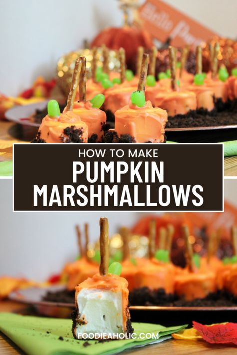 How To Make Pumpkin Marshmallows At Foodieaholic.com Marshmallow Halloween, Chocolate Covered Marshmallow, Pumpkin Marshmallow, Giant Marshmallows, Marshmallow Sticks, Chocolate Dipped Marshmallows, Flavored Marshmallows, Pumpkin Dip, Marshmallow Dip