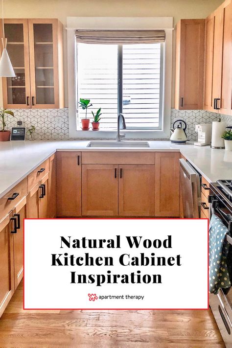 If you’ve been searching for natural wood inspiration to inform your own kitchen makeover, we’ve got you. These five beautiful kitchen transformations all feature the glory of natural wood, from super light Scandi-style finishes to richer mid-century-inspired ones. Bright Kitchen Wood Cabinets, Countertops For Natural Wood Cabinets, Beech Wood Kitchen Cabinets, Light Cabinet Kitchen, Kitchens With Wood Trim, Wood Cabinets Gray Countertops, Modern Natural Wood Kitchen Cabinets, Light Maple Kitchen Cabinets Modern, Neutral Wood Cabinets Kitchen