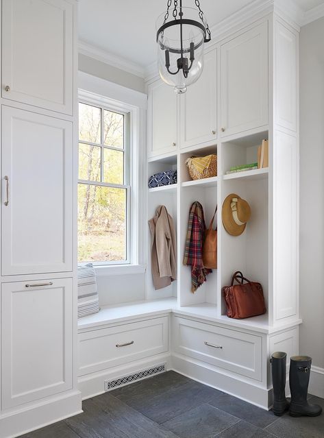 Beautiful Mudroom, Organized Mudroom, Slate Pavers, Mudroom Cubbies, Mudroom Remodel, Laundry Room/mudroom, Built In Lockers, Mudroom Cabinets, Slate Tile Floor