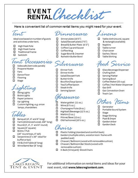 Today you can rent just about anything from a party rental provider. Use this checklist to plan what rental items you'll need for your party. Wedding Budget Ideas, Party Rental Ideas, Event Rental Business, Wedding Budget Spreadsheet, Event Checklist, Party Planning Business, Wedding Planner Checklist, Event Planning Checklist, Event Planning Tips