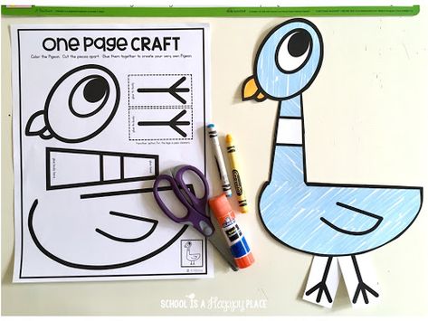 School Is a Happy Place: The Pigeon HAS to Go to School!: Ideas, Activities, and a Freebie for this Back to School Favorite Fun Back To School Crafts, Back To School Stories For Kindergarten, The Pigeon Has To Go To School Activity Preschool, 1st Grade Crafts Back To School, Elephant And Piggie There's A Bird On Your Head, Back To School Crafts For First Grade, Pigeon Mo Willems Craft, Ms Bindergarten Gets Ready For Kindergarten Activities, Pigeon Book Activities Preschool