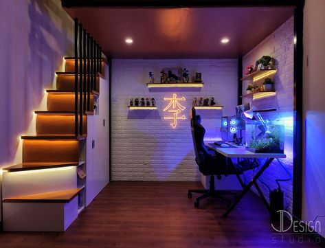 Loft Bed Minimalist Small Spaces, Loft Bed With Gaming Desk, Loft Bed For Gamers, Loft Bed With Gaming Setup, Modern Loft Bed Ideas For Small Rooms, Gaming Room Loft Bed, Loft Gaming Room, Small Loft Room Ideas Bedrooms, Gaming Room With Bed