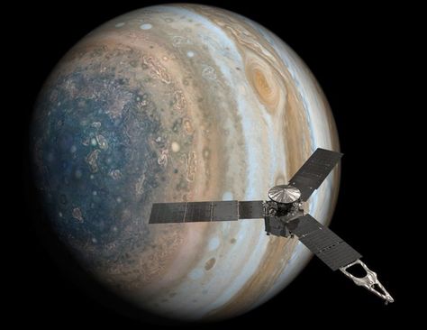 Wow! Juno's 8th science flyby of Jupiter - An illustration of Juno near Jupiter, which combines real images of the planet from the spacecraft with Juno artistically “added in.” Image via NASA/JPL-Caltech/ AmericaSpace. Juno Jupiter, Juno Spacecraft, Great Red Spot, Nasa Missions, Gas Giant, Nasa Jpl, The Solar System, Project Manager, Space Travel