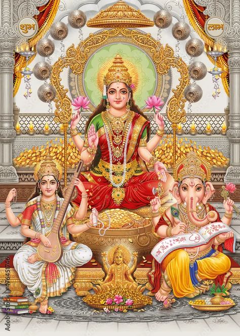 Download Laxmi Ganesh Saraswat Gold Coins Wallpaper | Wallpapers.com Laxmi Saraswati Ganesha Hd Wallpapers, Lakshmi Ganesh Saraswati Hd Wallpaper, Gold Coin Wallpaper, Laxmi Goddess, Lakshmi Photos, Ganesha God, Mata Ji, Ganesh Ji Images, Radha Beauty