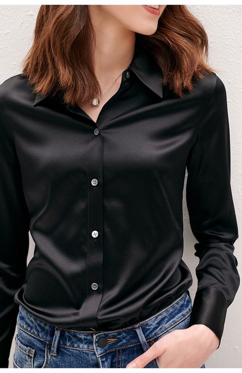 Satin Shirts For Women Classy, Black Silk Blouse Outfit, Black Satin Shirt Outfit, Red Blouse Outfit, Black Blouse Outfit, Silk Blouse Outfit, Silk Shirt Outfit, Black Satin Shirt, Black Dress Outfit Casual