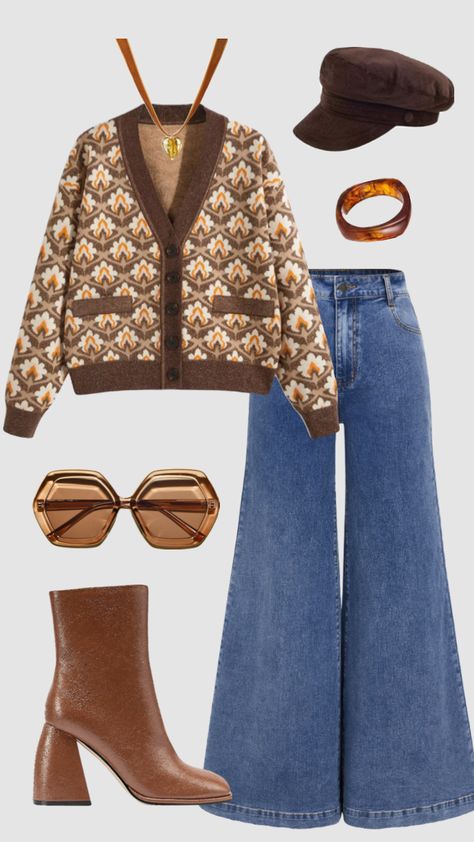 70s hippie inspired outfit #outfitinspo #vintage #retro #70s #70sfashion Decade Day Outfits For School 70s, 70s Revival Fashion, 70s Winter Style, 70s Fashion Polyvore, 70s Inspired Fashion Winter, 1973 Fashion Women, 70s Scarf Outfit, Colourful Retro Outfits, 70s Asthetics Outfit