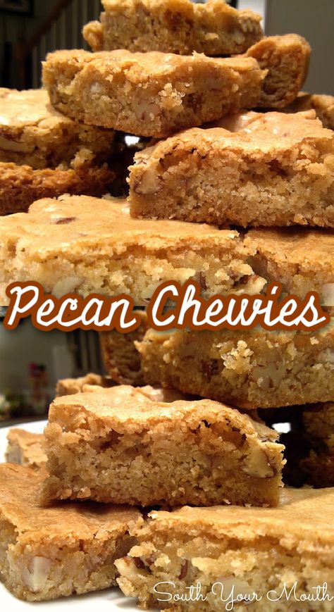 Pecan Chewies! An old-fashioned Southern recipe for chewy snack cake bars studded with pecans, similar to blondies but with a little more sass. Southern Pecan Chewies, Chewy Bread Recipe Desserts, Chewy Pecan Squares, Pecan Chewy Bars, Pecan Deserts, Charleston Chewies, Pecan Chewies Recipe, Pecan Chewies, Pecan Blondies Recipe