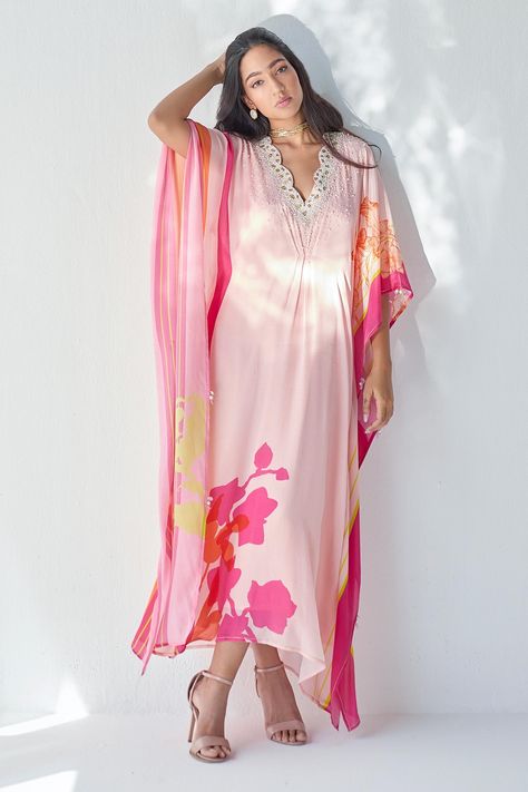 Nude Pink Crepe Floral Print Kaftan with Pearl Embroidery on the Neckline Pink Kaftan, V Neck Kaftan, Summer Fashion Dresses Casual, Kaftan For Women, Print And Embroidery, Indian Fashion Trends, Kaftan Designs, Pearl Embroidery, Embroidery Floral